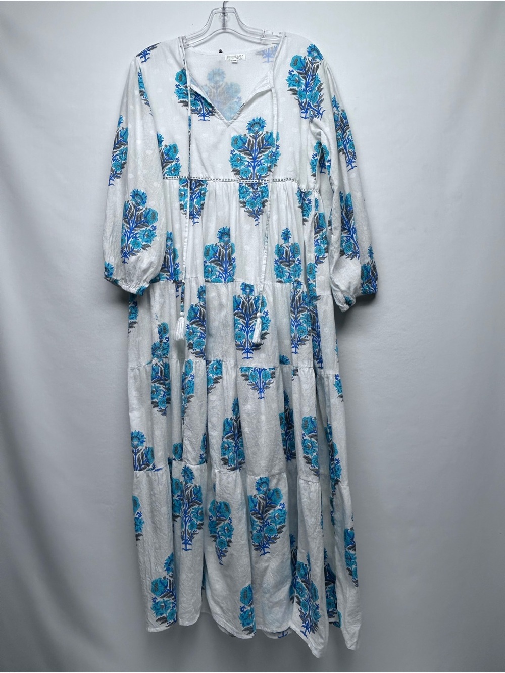 White Maxi Dress with Blue Floral Print -Debbie Katz medium - Picture 2 of 11